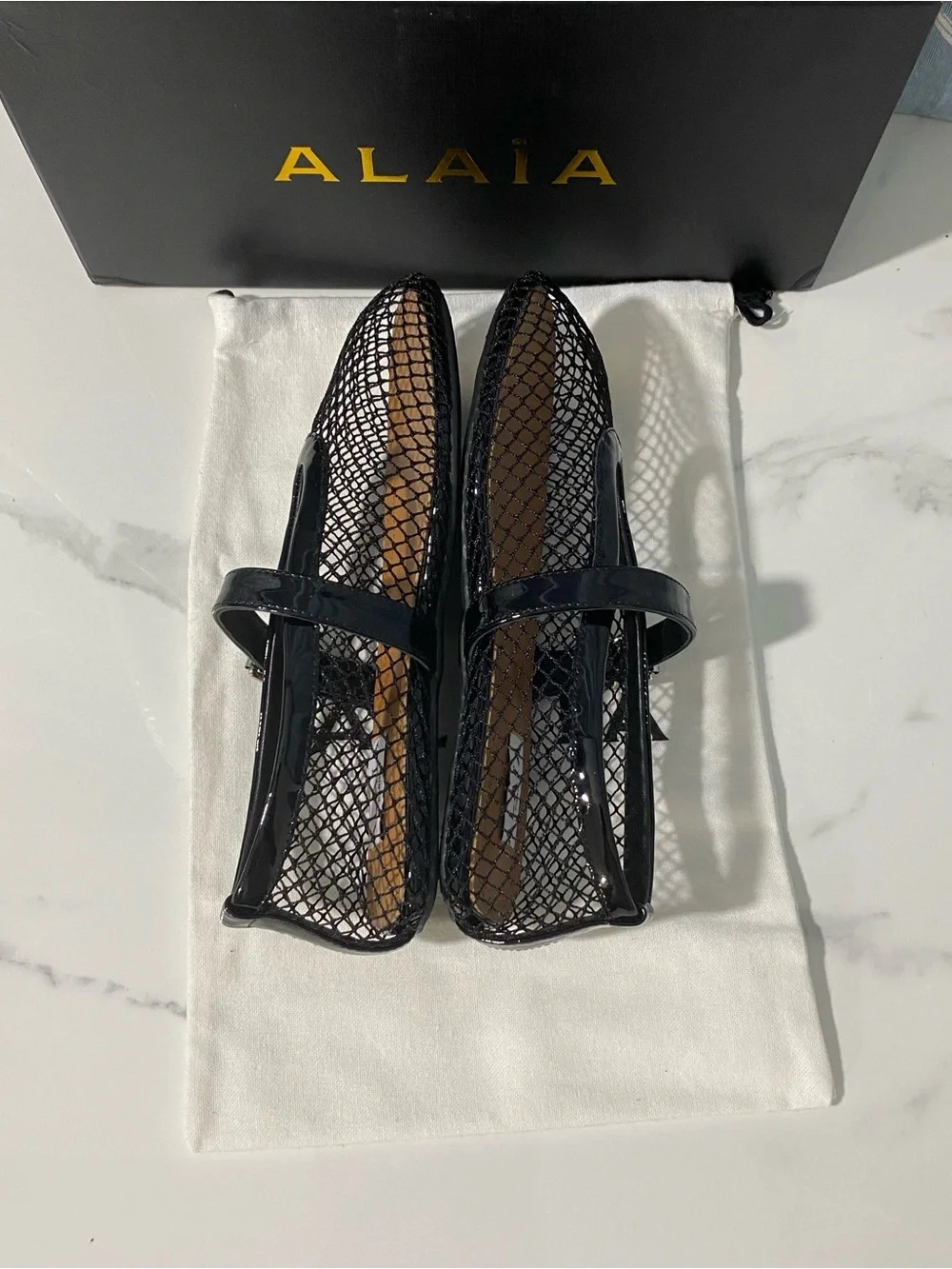 Alaia Black Mesh Mary Jane Flats with Patent Strap